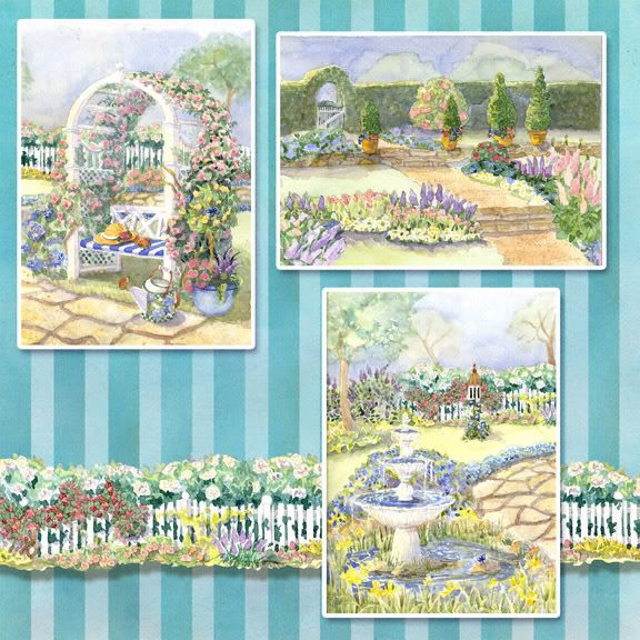 garden paintings, artwork, rose arch bench, fountain, pond, butterflies, digital clip art