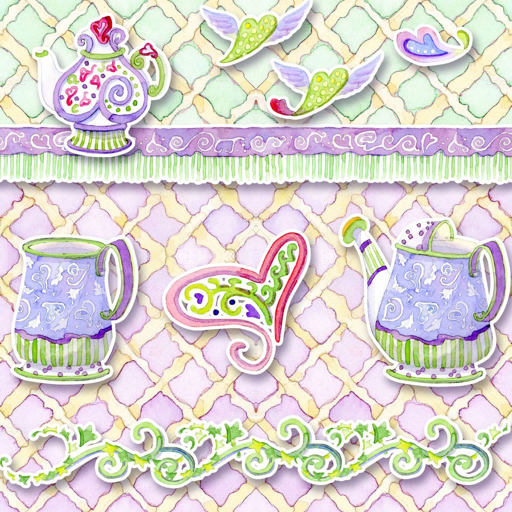 valentines day whimsical clip art teapot watering can hearts trellis swirls
