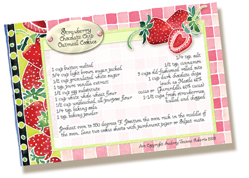 Strawberry clip art, recipe card, strawberry chocolate chip oatmeal cookies, crafting, scrapbooking, freebie