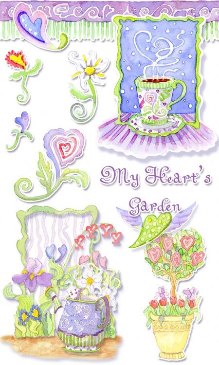 Valentine's Day hearts, flowers, coffee mug, tea, watering can clip art