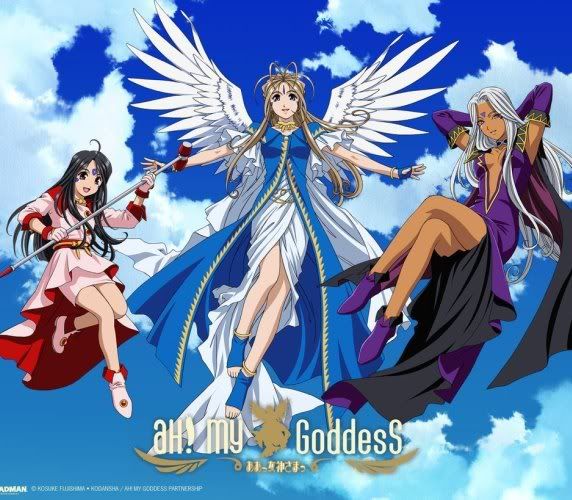 From left to right: Skuld, Belldandy, and Urd