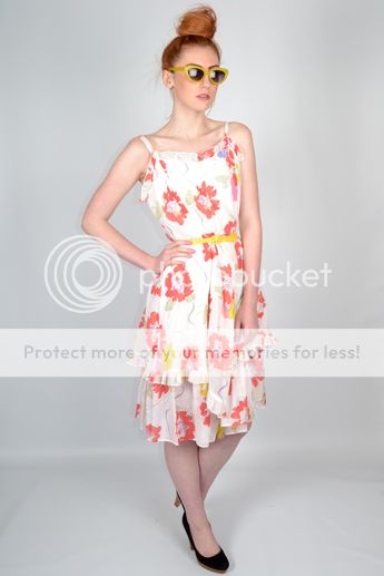 VINTAGE 60'S FLOATY BRIGHT FLORAL SUMMER TEA SWING DRESS WHITE 12